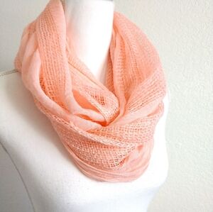 Peachy Pink Gauze Infinity Scarf Open Weave & Solid Wide Stripes Circle Loop